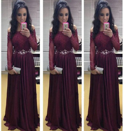 long prom dress, burgundy prom dress, long sleeves prom dress, cheap prom dress, off shoulder prom dress, long evening dress, E610
