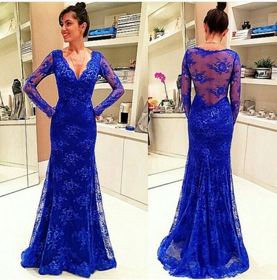 lace prom dress, blue prom dress, modest prom dress, lace sleeves prom dress, party prom dress, long evening dress, E6113