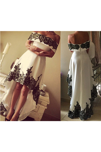 lace off shoulder prom dress, hi-lo prom dress, cheap prom dress, party prom dress, white prom dress with black lace, evening dress, E6120