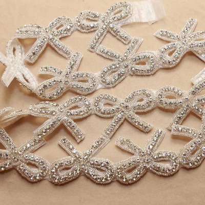 1 trim bow rhinestone crystal dress sash iron/sew on applique trim - Thumbnail 5
