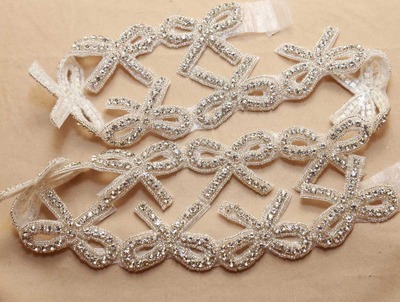 1 trim Bow Rhinestone Crystal Dress Sash Iron/Sew on Applique Trim