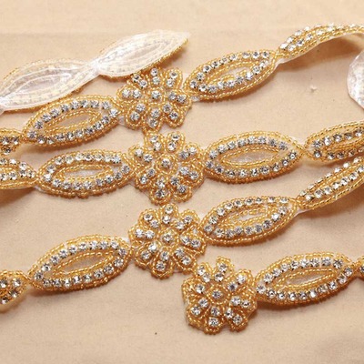 1 yard gold flower rhinestone crystal dress sash iron/sew on applique trim - Thumbnail 5