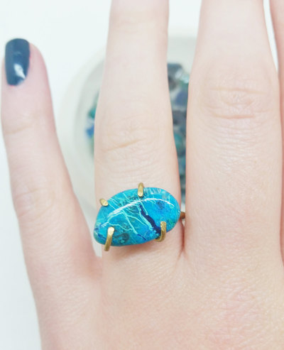 Chrysocolla Brass Ring Size 7 Turquoise Gemstone Ring