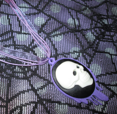Lilac Dripping Black and White Skull Cameo Necklace