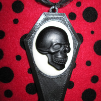 Black Coffin Necklace with Black and White Skull Cameo  - Thumbnail 3