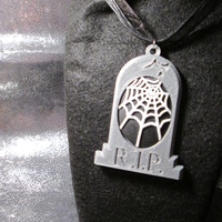 Grey Tombstone Necklace with White and Black Spider Web Cameo  - Thumbnail 3