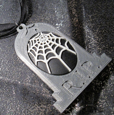 Grey Tombstone Necklace with White and Black Spider Web Cameo