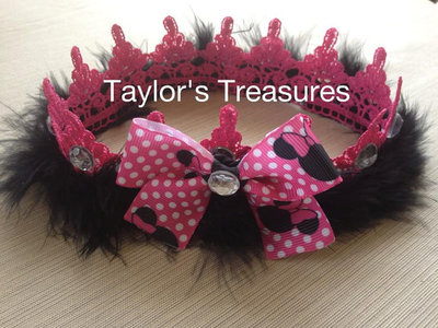 Taylors Treasures - Minnie Mouse Hot Pink Lace with Fur Princess Crown W/ Rhinestones - Custom Create A Crown- Perfect For A Photo Prop