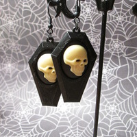Small Black Coffin Earrings with Off-White and Black Skull Cameos  - Thumbnail 1