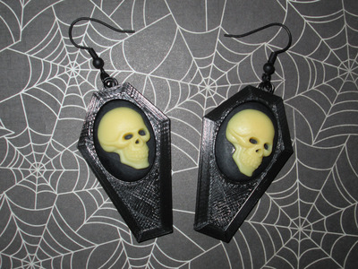 Small Black Coffin Earrings with Off-White and Black Skull Cameos