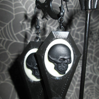 Small Black Coffin Earrings with Black and White Skull Cameos  - Thumbnail 1