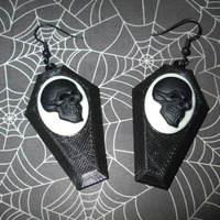 Small Black Coffin Earrings with Black and White Skull Cameos  - Thumbnail 2