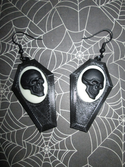 Small Black Coffin Earrings with Black and White Skull Cameos
