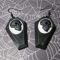 Small Black Coffin Earrings with Black and White Skull Cameos  - Thumbnail 4