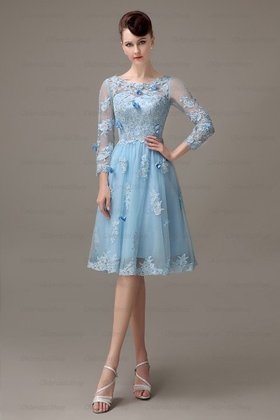 long sleeve prom dress, lace prom dress, short prom dress, unique prom dress, prom dresses 2014, evening dress, party dress, blue prom dress ,15001027
