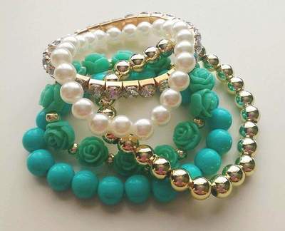 5-piece Bracelet Set - Beaded Bracelets - Multilayered Bangles - Roses, pearls, rhinestones, beads bracelets
