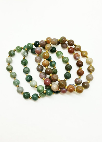 Set of 4 Indian Agate and Brass Stretch Boho Bracelet