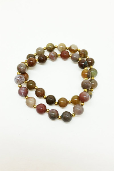 Red Indian Agate and Brass Stretch Boho Bracelet