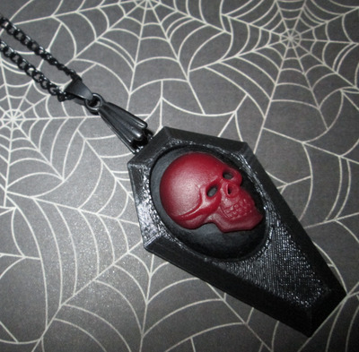Small Black Coffin Necklace with Red and Black Skull Cameo