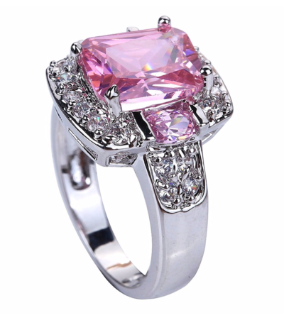 Emerald Cut Pink Created Topaz Silver Plated Ring