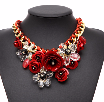 Gold Chain Crystal Flowers Charm Pendant Big Chunky Bib Statement Necklace