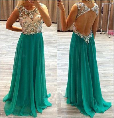 long green cheap o neck backless prom dress, formal evening dress gown, E804