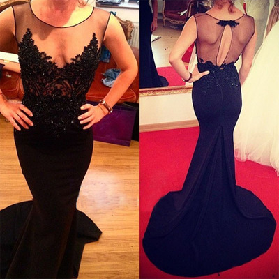 long black mermaid cheap prom dress, sexy formal see-through back evening dress, E815
