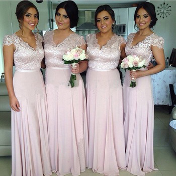 long light lavender v-neck cap sleeve bridesmaid dress, cheap lace wedding bridesmaid dress, E819