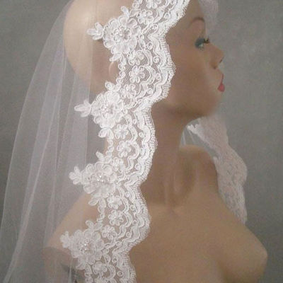 3m tulle netting white / ivory catherdal prom wedding bride veil pearl lace edge - Thumbnail 1