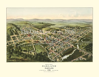 Oakland, Maryland in 1906 - Bird's Eye View, Map, Aerial, Panorama, Vintage, Antique, Reproduction, Giclée, Fine Art, Wall Art, History