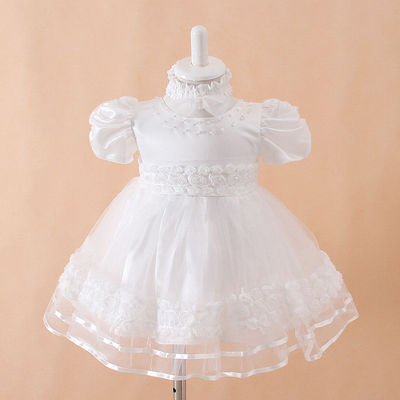 Baby girl cream white wedding birthday celebrate rose lace pearl dress with headpiece band 6m - Thumbnail 3