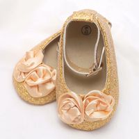 Infant Newborn 6-12 months Baby Girl Gold Flower Sparkling Squeak Dance Shoes - Thumbnail 1