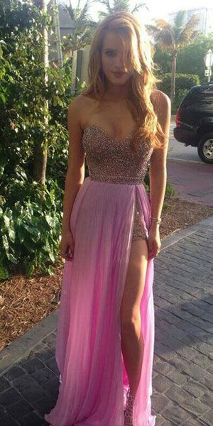 Sexy Pink Prom Dresses,Beaded Homecoming Dress,Sexy Beaded Slit Cocktail Party Dress,Pink Graduation Dress