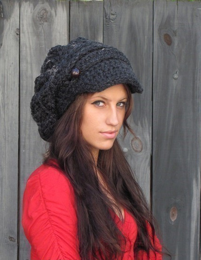 Slouchy hat womens hat two button band newsboy cap handmade chunky hat charcoal gray or choose color best seller