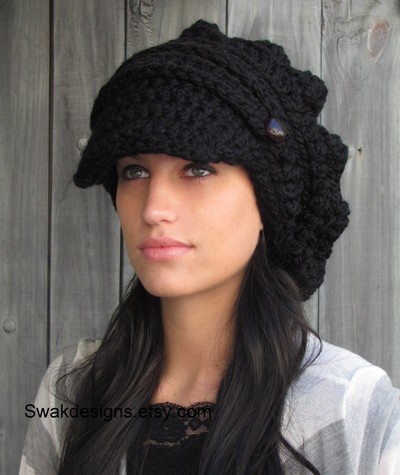 Black slouchy hat womens hat two button band newsboy cap handmade chunky hat or choose color best seller