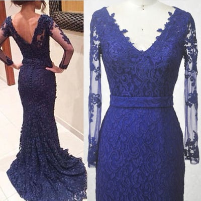 Long sleeves navy blue lace prom dresses, v-neckline evening dresses,mermaid navy blue lace graduation dresses - Thumbnail 5