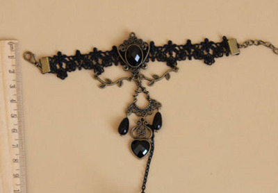 Gothic Goth Evening Black Lace Heart Charm Red Droplets Slave Bracelet With Ring