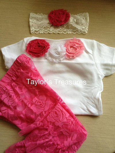 Taylors Treasures - 3pc Set - Infant and Toddler Lace Ruffle Bottom Leggings - Rosette Onesie - and Headband - 3pc Set