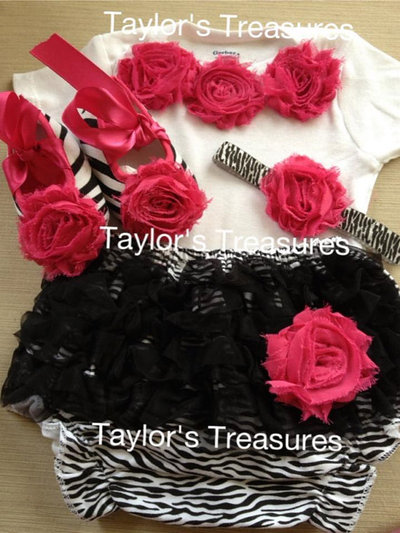 Taylors Treasures - 4pc. Set - Zebra Rosette Shoe With Matching Headband, Rosette Onesie, and Ruffle Panty - Great For Photo Prop -