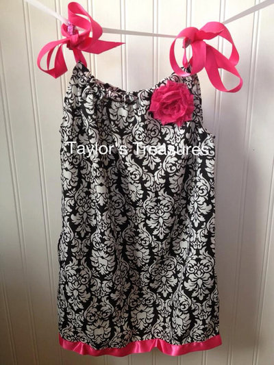 Taylors Treasures - Black and White Damask Rosette Pillow Case Dress - Size 0-6x - Other Patterns Available