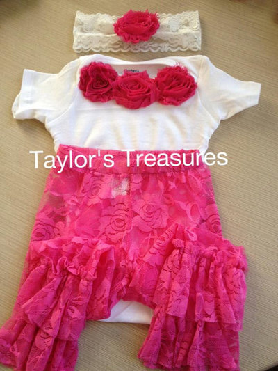 Taylors Treasures - 3pc Set - Infant and Toddler Lace Ruffle Bottom Leggings - Rosette Onesie - and Headband - 3pc Set