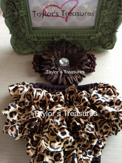 Taylors Treasures - 2pc. Set - Gerbera Headband with Leopard Ruffle Panty - Great For Photo Prop -1st Birthday - Newborn Photo - Smash Cake
