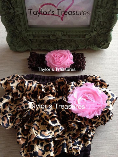 Taylors Treasures - 2pc. Set - Rosette Headband with Leopard Ruffle Panty - Great For Photo Prop - 1st Birthday - Newborn Photo - Smash Cake