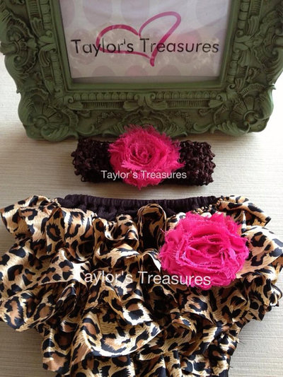Taylors Treasures - 2pc. Set - Rosette Headband with Leopard Ruffle Panty - Great For Photo Prop -1st Birthday - Newborn Photo - Smash Cake