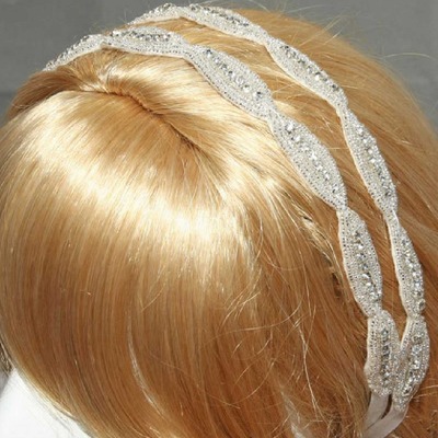 Bridal wedding applique handmade embroidery rhinestone crystals double ribbon headband - Thumbnail 5
