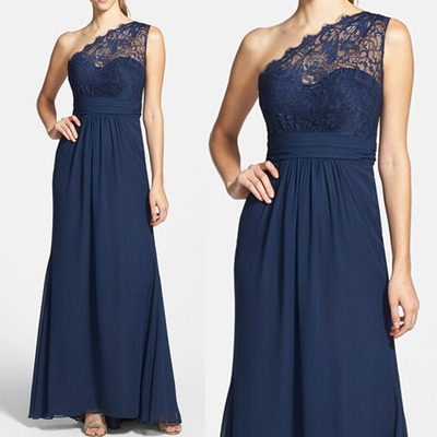 long bridesmaid dress, navy bridesmaid dress, cheap bridesmaid dress, lace bridesmaid dress, one shoulder bridesmaid dress, E904