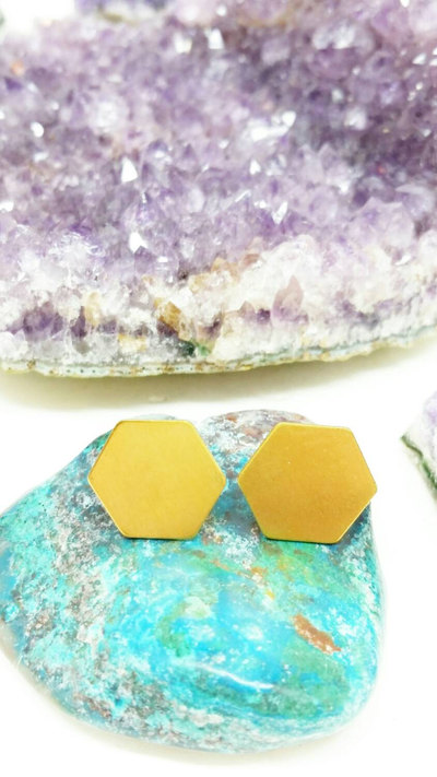 Brass Hexagon Stud Earrings