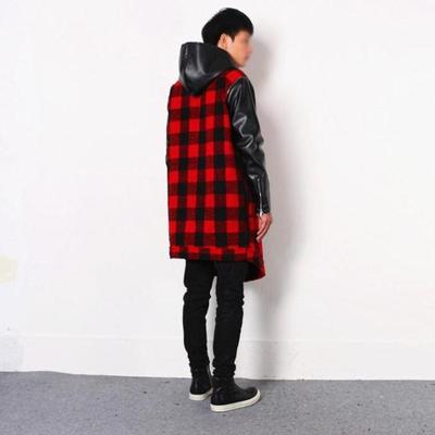 BRITISH STYLE RED BLACK PLAID FAUX LEATHER SLEEVE LONG COAT JACKET