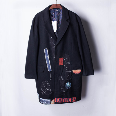 BLACK CREATIVE DECORATIVE PATCHWORK WOOLEN COAT JACKET