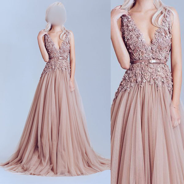 Dusty pink prom dress, tulle prom dresses, lace prom dresses, long prom dresses, prom dresses 2016, elegant prom dresses, 159383